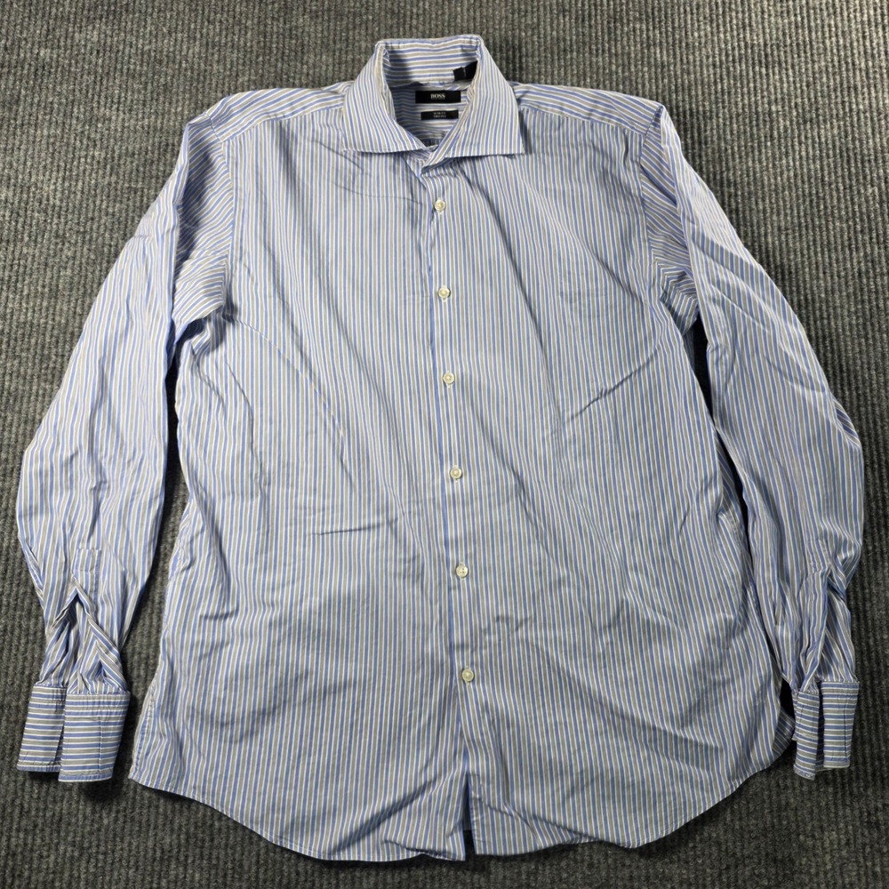 Hugo Boss Slim Fit Two Ply Blue White Striped Dress Shirt Mens 17 43 L